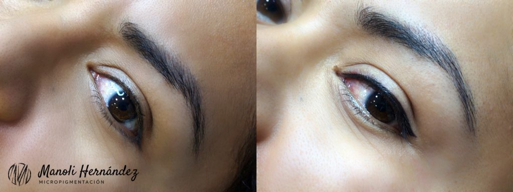 Antes y después de un tratamiento de micropigmentación facial en ojos (eyeliner superior)