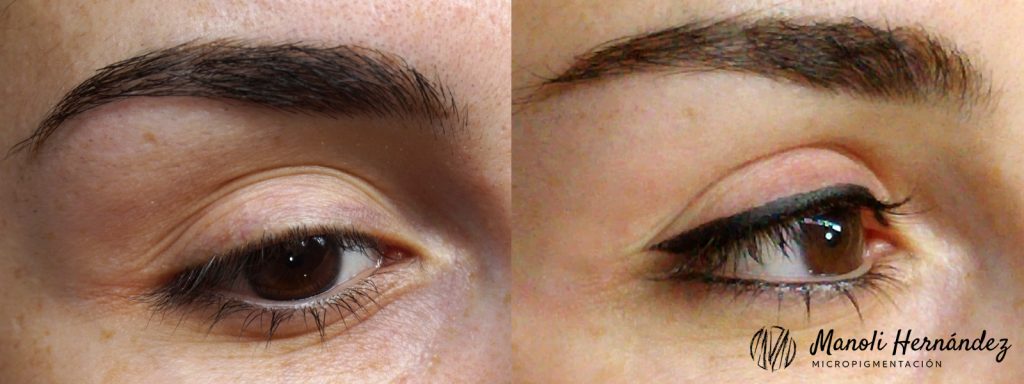 Antes y después de un tratamiento de micropigmentación facial en ojos (eyeliner superior e inferior)